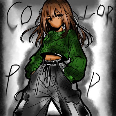 anime teen girl with baggy pants and crop top with sweater