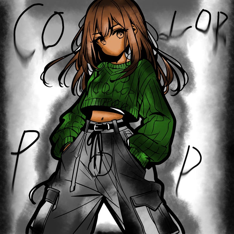 anime teen girl with baggy pants and crop top with sweater