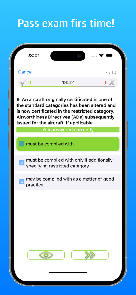 A screenshot of a practice question about Airworthiness Directives in the FAA Inspection Authorization prep app.