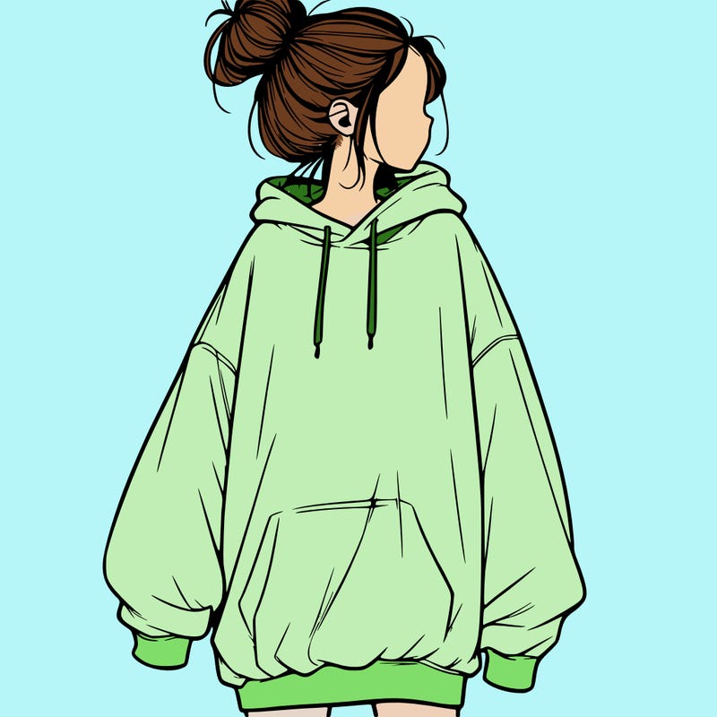 realistic girl with a oversized sweatshirt on and a bun