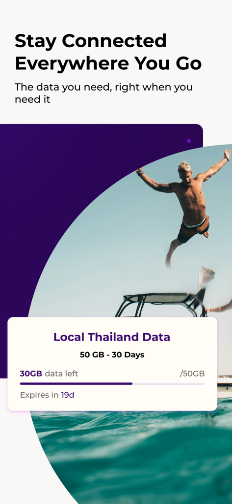 ZIM app interface displaying a local Thailand eSIM data plan with 30GB remaining and 19 days until expiration.