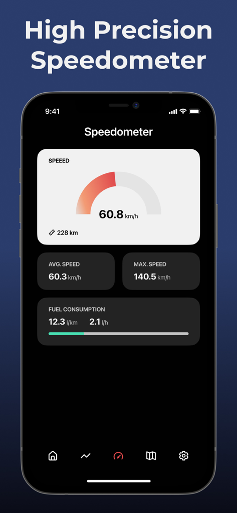Car Play Connect: Remote Sync - Schnittstelle des hochpräzisen Tachos der Car Play Connect App, die die aktuelle Geschwindigkeit und den Kraftstoffverbrauch anzeigt