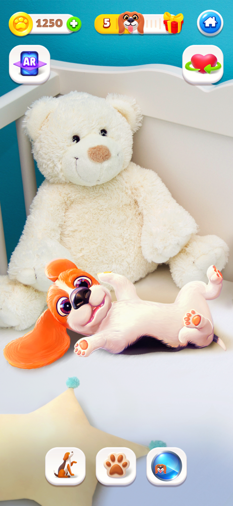 A virtual puppy lying on its back in AR mode next to a teddy bear