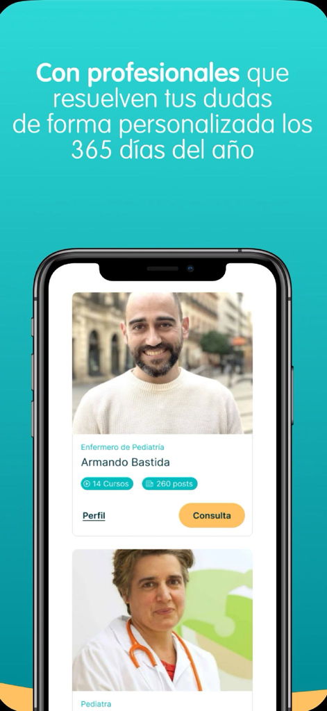 Criar con Sentido Común - Pantalla de la aplicación Criar con Sentido Común mostrando pediatras y profesionales de la crianza para consultas personalizadas