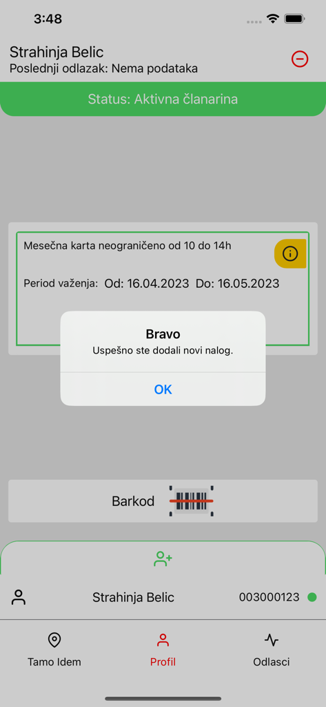 Profile view in the Spotted RS app showing active membership status and a success notification popup