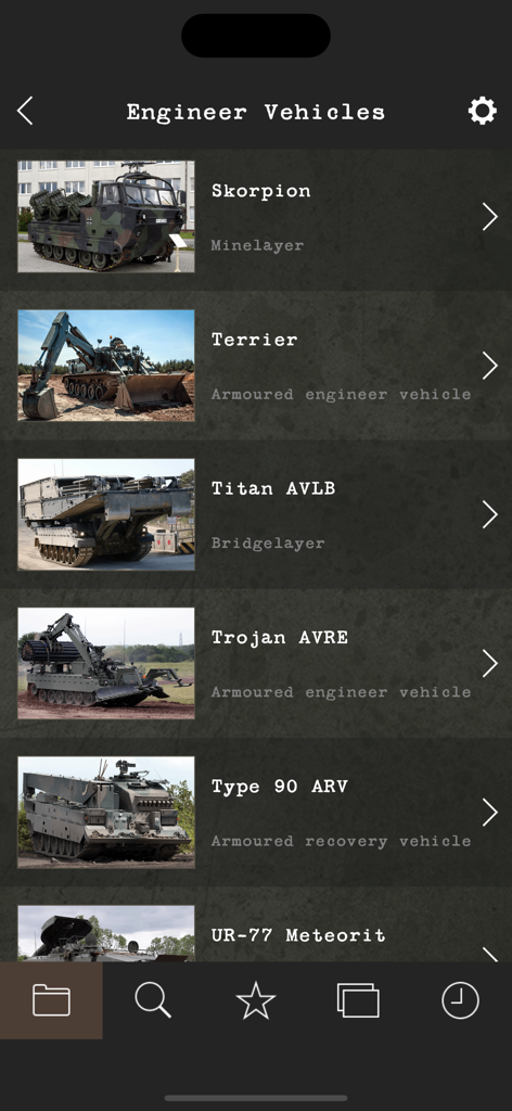 A list of specialized military engineer vehicles including minelayers and bridgelayers in the Modern Military Vehicles app.