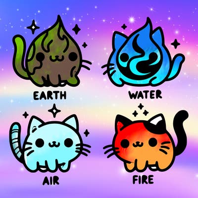 4 cats that represent the different elements, earth, water, air, and fire