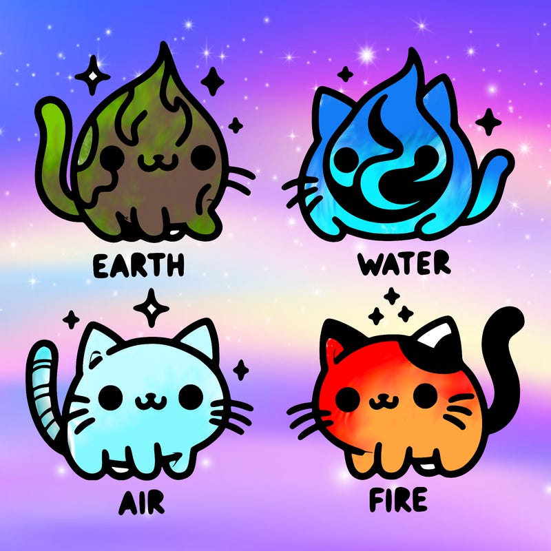 4 cats that represent the different elements, earth, water, air, and fire