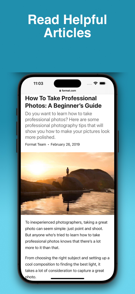 Auto Blur Faces: Photo & Video - Pantalla de la aplicación móvil que muestra un artículo de guía de fotografía titulado Cómo Tomar Fotos Profesionales con una imagen panorámica de la puesta de sol.