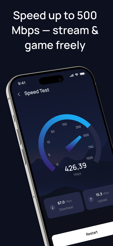 SuperVPN - Cool VPN Proxy - IPhone screenshot showing SuperVPN speed test results of 426 Mbps for fast streaming and gaming