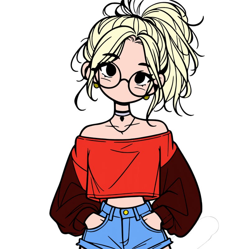 girl with a messy ponytail glasses a baggy crop top and jean shorts
