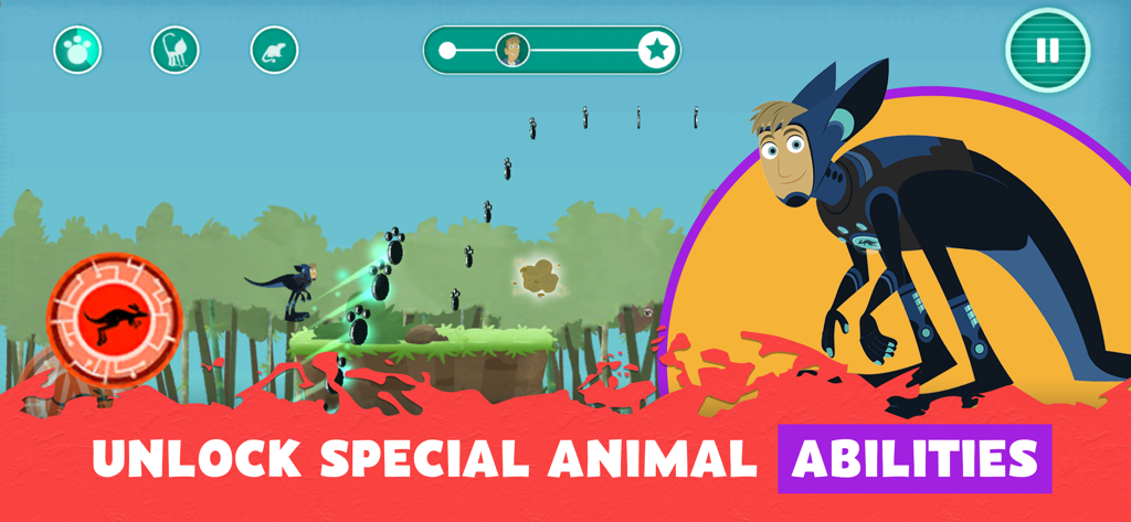 Wild Kratts Rescue Run - A Wild Kratts character in a kangaroo power suit jumping through a forest level to collect paw prints.