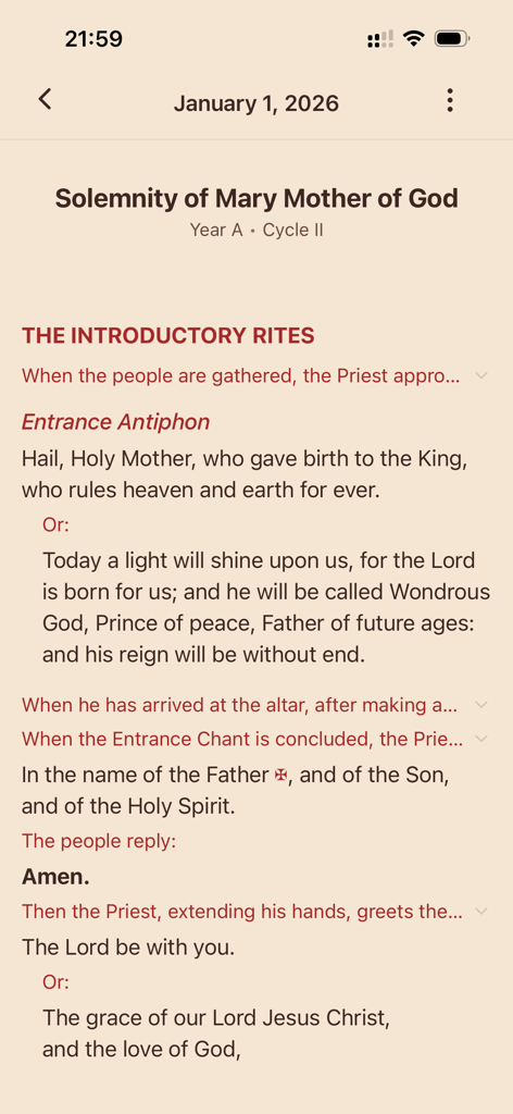 Introductory Rites and Entrance Antiphon displayed in the Live the Mass mobile app