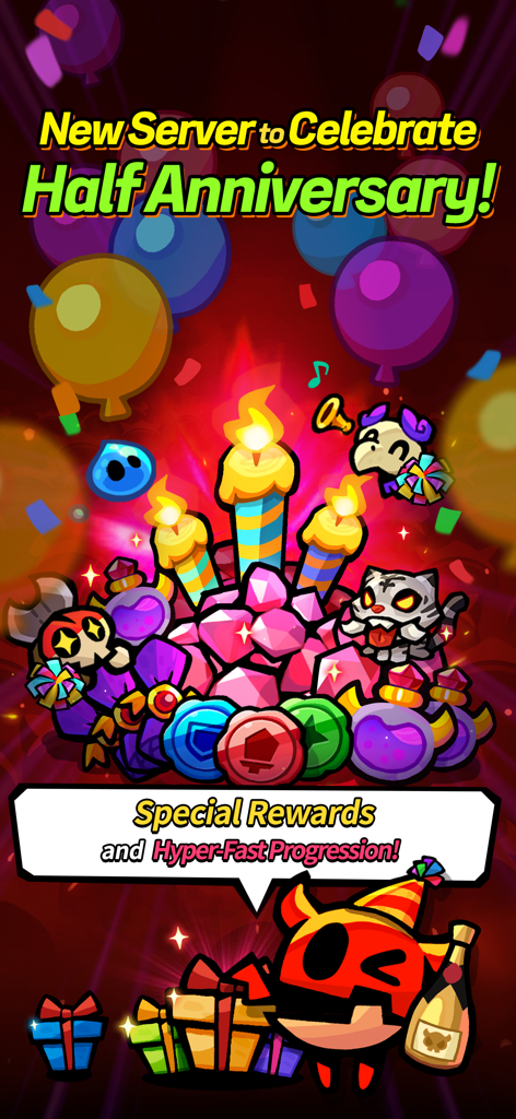 Hellsquad Rrrush half anniversary celebration screen featuring a cute demon character and various in-game rewards like gems and items