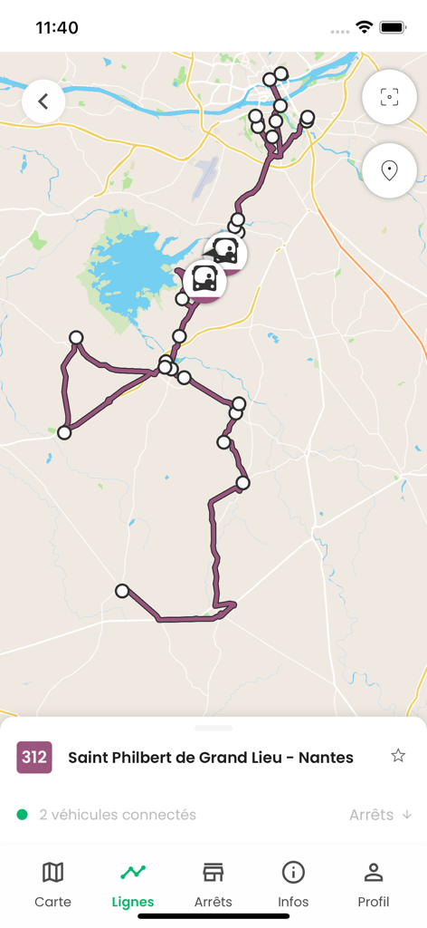 Suivi des bus en temps réel et carte des itinéraires sur l'application mobile Pysae