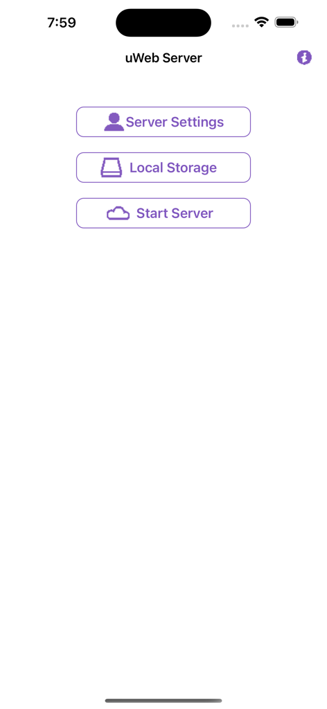 uWeb Server2 - Main home screen of the uWeb Server app with server settings and start buttons
