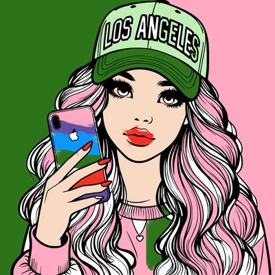 realistic beautiful girl wearing los ángeles cap holding an iphone