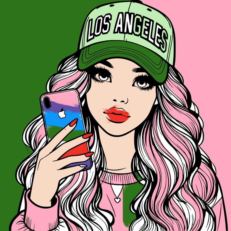 realistic beautiful girl wearing los ángeles cap holding an iphone
