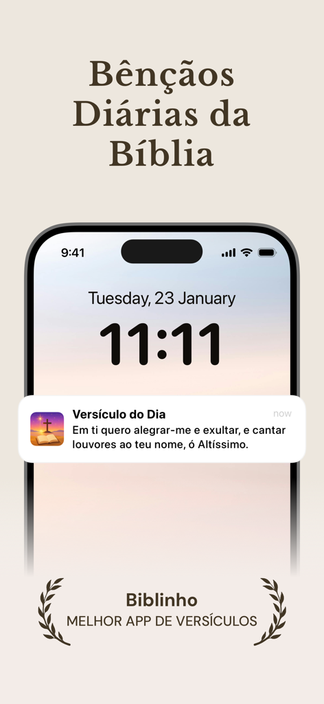Versículo do Dia - Biblinho - La aplicación Biblinho mostrando una notificación de versículo bíblico diario en la pantalla de bloqueo de un iPhone