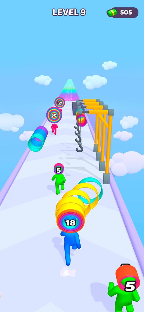 Personaje de stickman azul apilando anillos coloridos en el juego runner Layer Man 3D