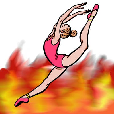 gymnast doing a leap in a leotard with a bent back leg