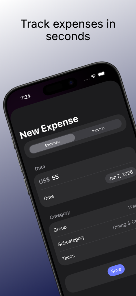 Toki: 50/30/20 Budget Rule - Smartphone screen showing the New Expense interface of the Toki budget app to track spending in seconds.