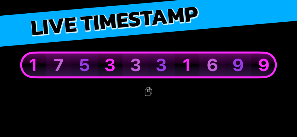Unix Timer - Interface do aplicativo Unix Timer mostrando um timestamp Unix ao vivo em um tema brilhante roxo