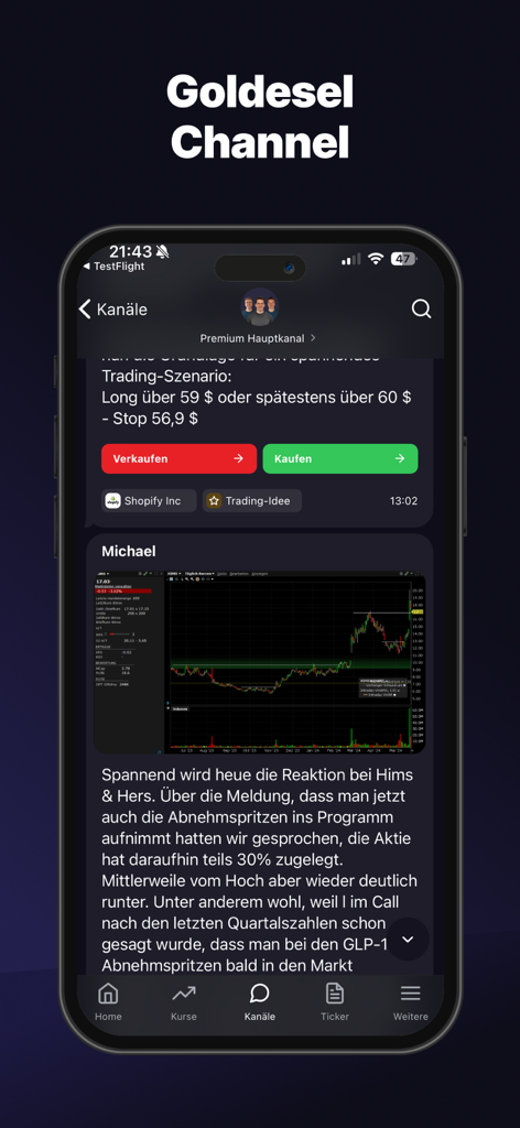 Interface du canal premium de l'application Goldesel montrant des idées de trading sur le marché boursier et des commentaires d'analystes experts.