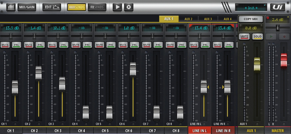 The aux sends interface of the MyMixTool app displaying digital mixer faders and channel levels for Soundcraft Ui series.