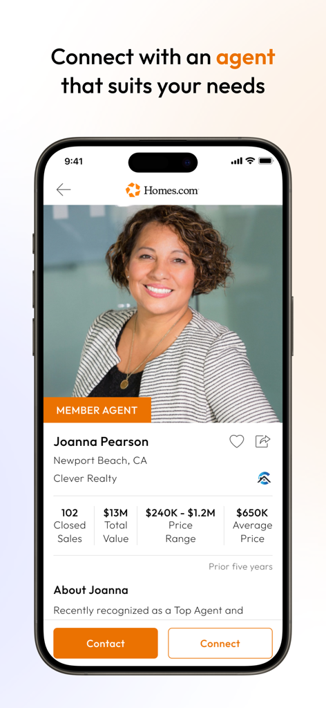Interface of the Homes.com app showing a real estate agent profile with professional photos and sales performance statistics