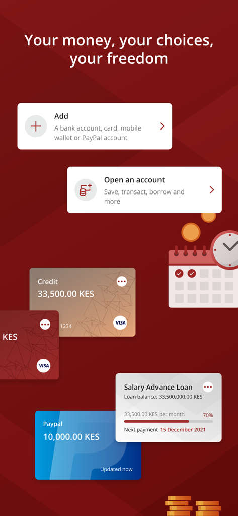 Equity Mobile app interface showing credit card balances, PayPal integration, and salary advance loan management.