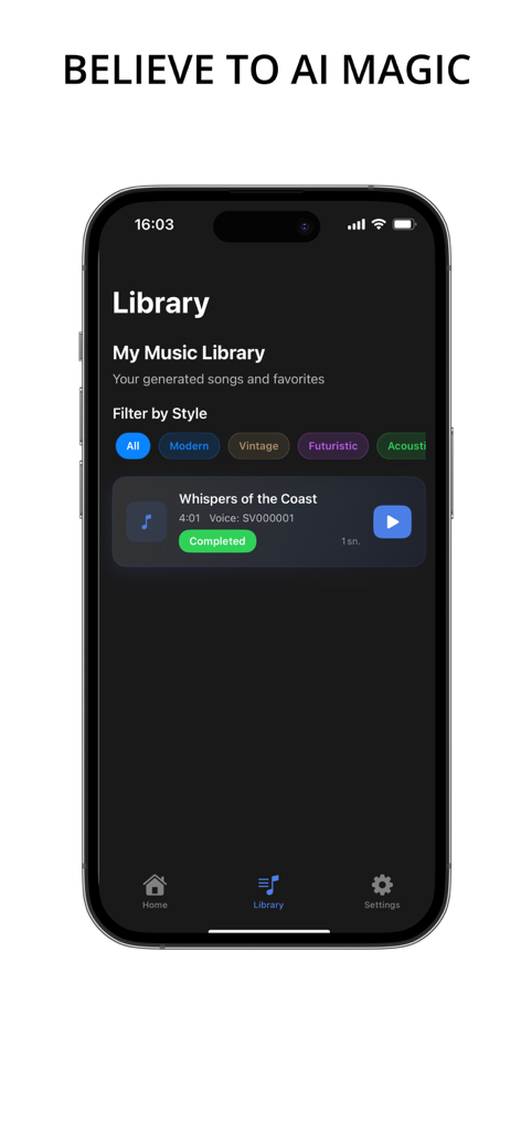 AI Song Music Maker Songer AI - Songer AI music library interface showing a list of generated songs and musical style filters