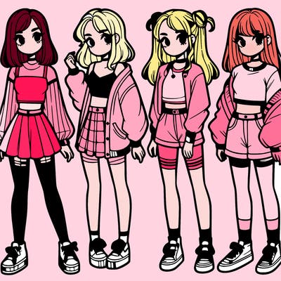 one girl with crop-top shirt and a jacket with a skirt, long socks and another girl with a shirt and pants with a jacket