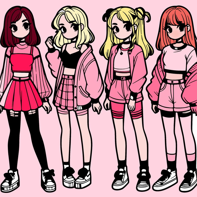 one girl with crop-top shirt and a jacket with a skirt, long socks and another girl with a shirt and pants with a jacket