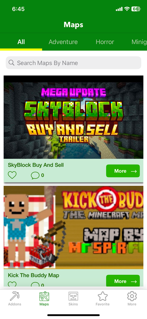 Addons, Skinseed For Minecraft - A mobile app interface displaying a collection of Minecraft maps including SkyBlock and Kick The Buddy for download.