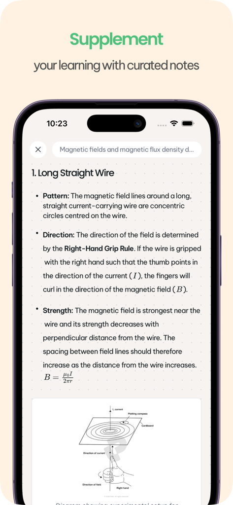 Pallo - Pallo app interface displaying curated physics study notes on magnetic fields with a descriptive diagram.