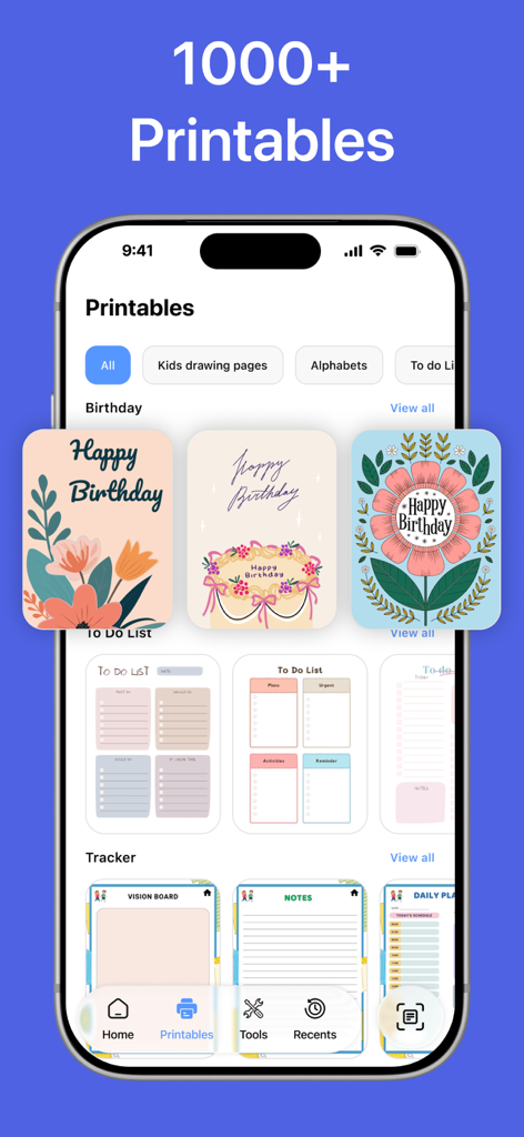 HP Smart Printer App & Scan • - HP 스마트 프린터 앱 화면에 생일 카드 및 할 일 목록을 포함한 인쇄 가능한 템플릿 라이브러리가 표시됩니다.