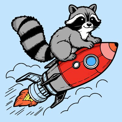 realistic raccoon flying on top rocket ship