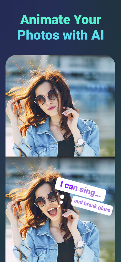 Face Dance,AI Face Swap :Lipix - A demonstration of the Face Dance app showing a static photo of a woman transformed into a singing AI animation with funny captions.