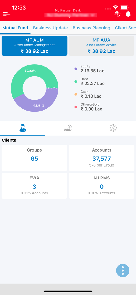 Dashboard of the NJ Partner Desk app showing mutual fund assets under management and client statistics