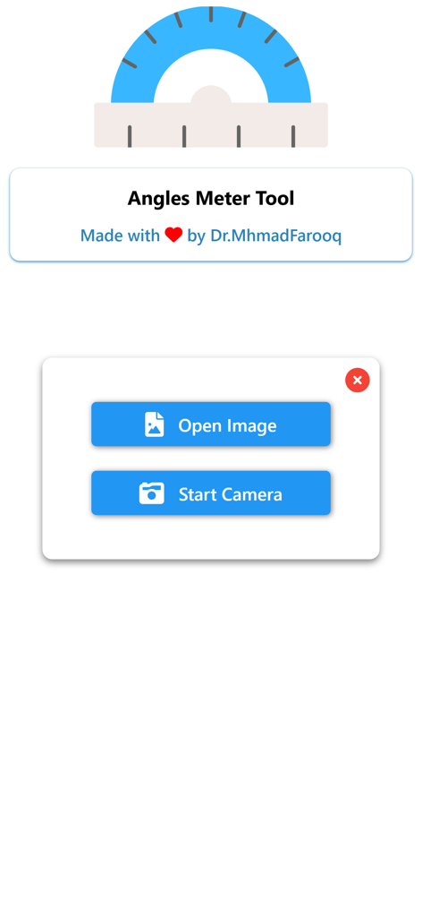 Angle Meter & Cobb Angle Meter - User interface of the Angle Meter Tool app showing buttons to open an image or start the camera for angle measurements