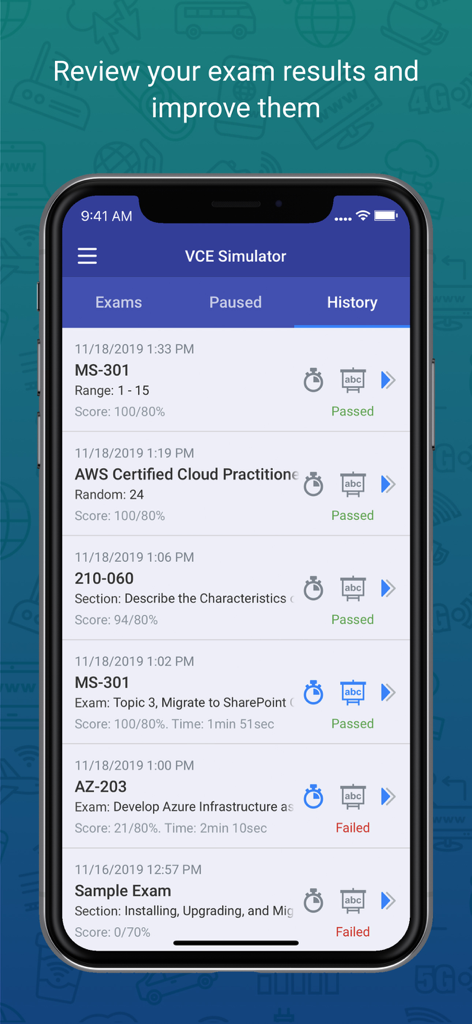 Aplicativo VCE Simulator exibindo o histórico de resultados de exames práticos de certificação de TI com status de aprovação e reprovação