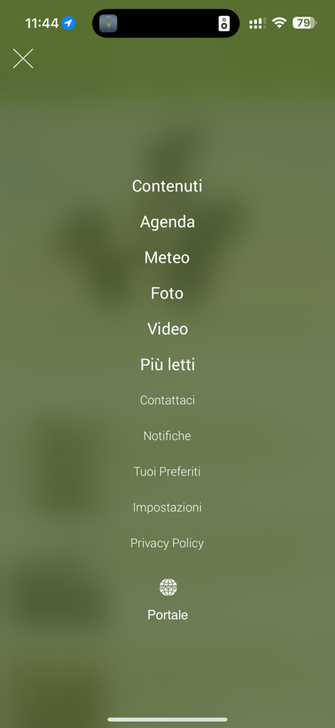 Menu di navigazione principale dell'app GravinaLife con sezioni notizie, meteo e comunità