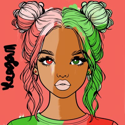 realistic girl with two buns in hair and lips