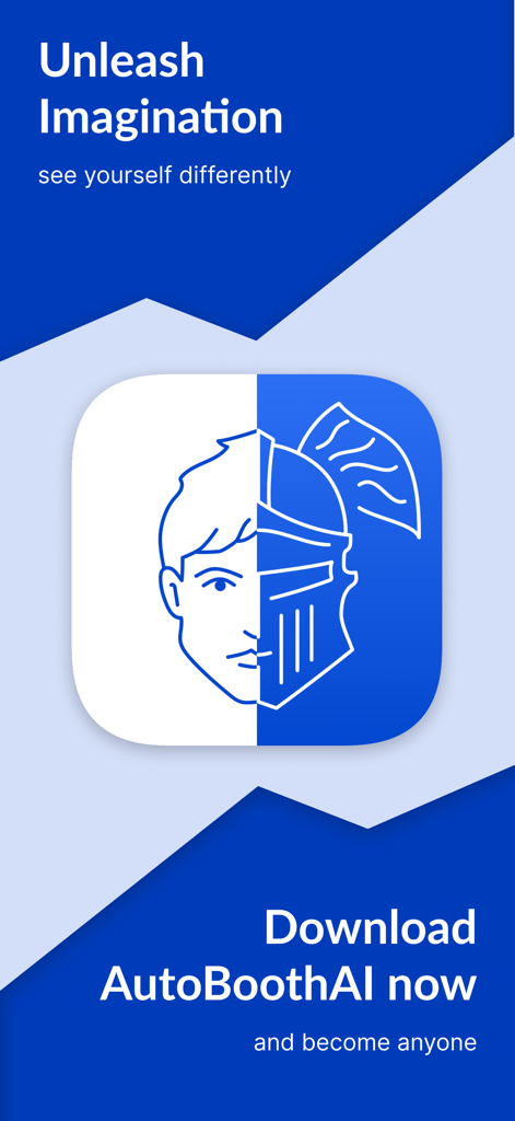 AutoBoothAI: AI Photo Booth - AutoBoothAIアプリのプロモーション画面。顔が半分に分かれた画像と騎士のヘルメットのアイコンが表示され、「Unleash Imagination（想像力を解き放て）」という見出しが付いています。