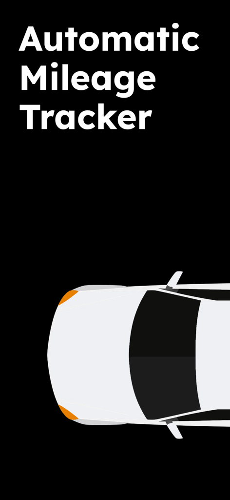 Écran de l'application de suivi automatique du kilométrage avec une illustration de voiture vue de dessus et un texte blanc audacieux sur fond noir.