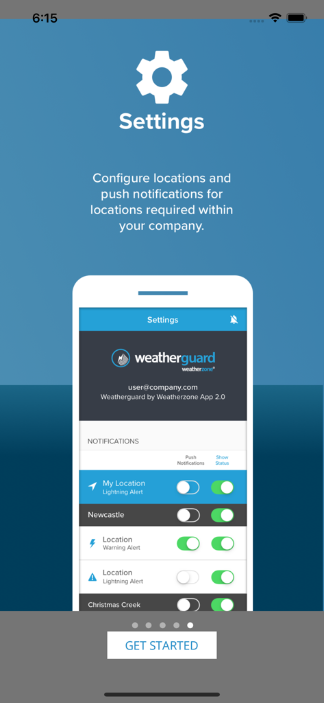 Weatherguard - Weatherguard app onboarding screen showing notification settings for enterprise weather alerts and specific locations.