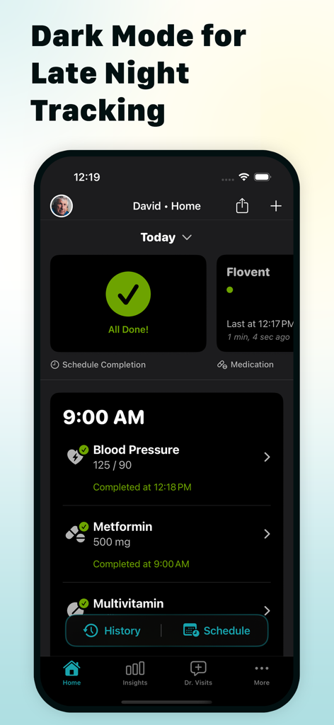 Medication Reminder & Pill Log - Oberfläche der Medikamenten-Erinnerung und Pillenprotokoll-App mit Dark Mode für die Gesundheitsverfolgung spät in der Nacht.