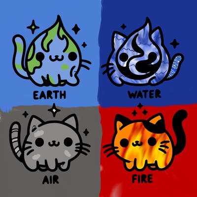 4 cats that represent the different elements, earth, water, air, and fire