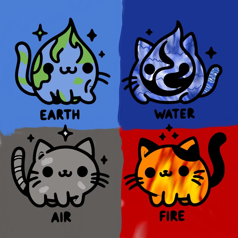 4 cats that represent the different elements, earth, water, air, and fire